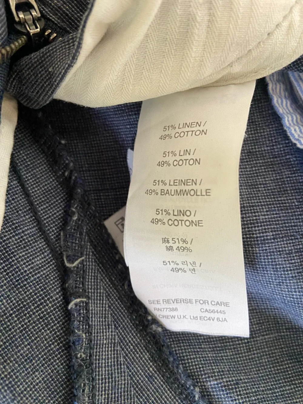 J. Crew Bowery Slim Men's Flat Front Blue Chinos Linen/Cotton Blend 34x31